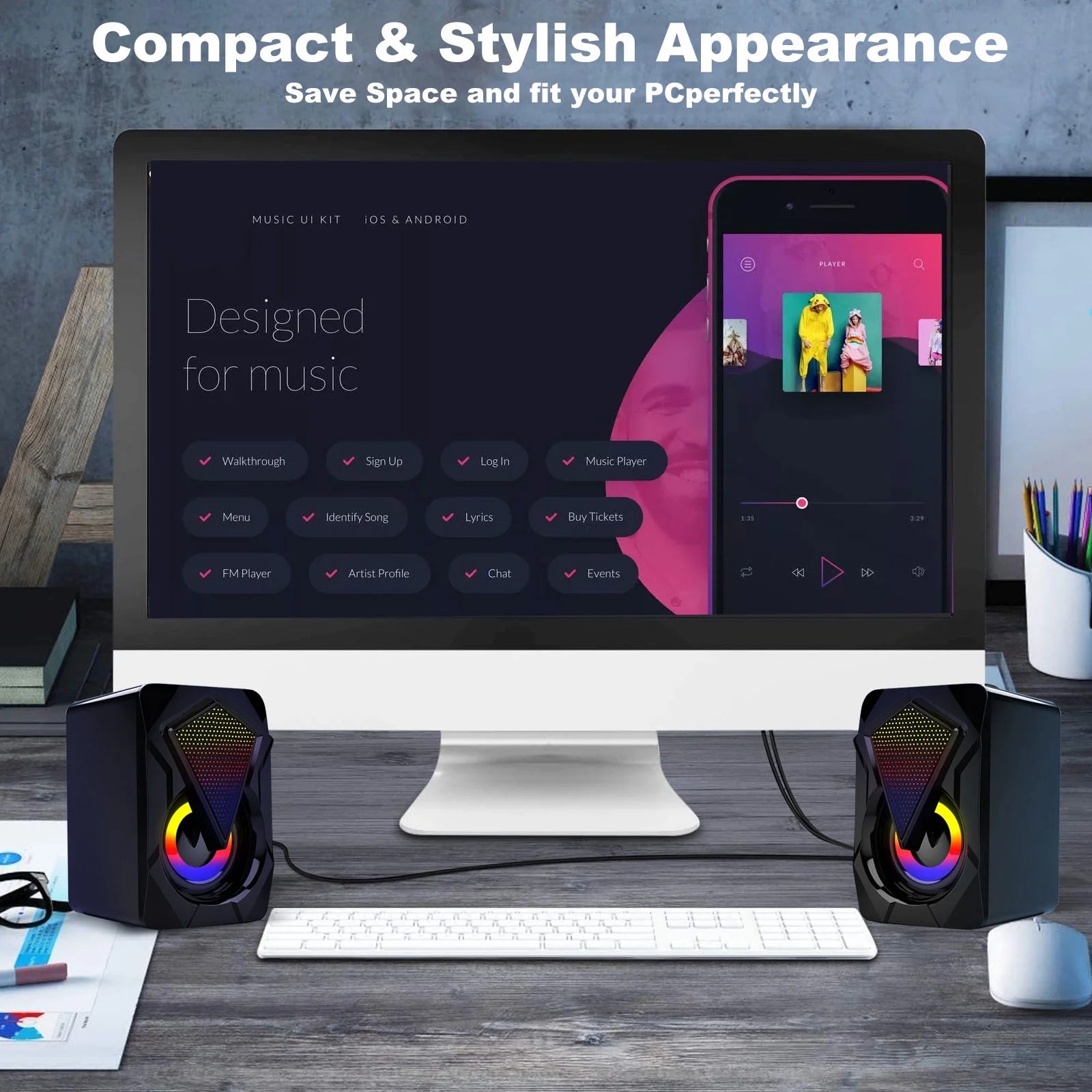 Computer Speakers for Desktop or Laptop,  2.0 Stereo RGB PC Gaming Speakers with Stereo Surround Bass, 7 Colors LED Lights, Usb-Powered 3.5Mm Wired Speakers for PC Smartphone Tablet Projector TV