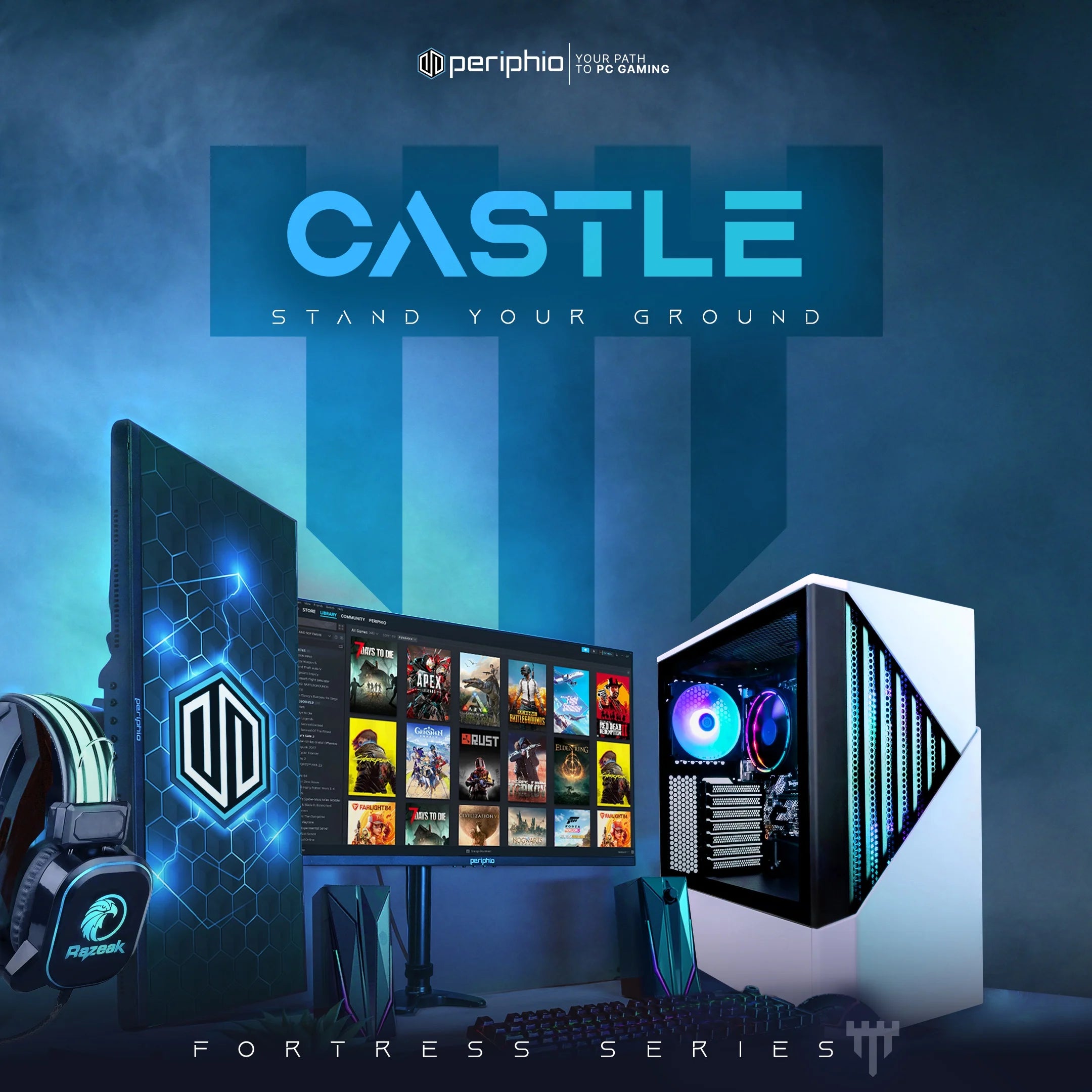 Castle Prebuilt Gaming PC - AMD Ryzen 7 5700G CPU (4.6Ghz Turbo), 32GB DDR4 RGB RAM, Radeon Vega 8 Graphics, 2TB Nvme Solid State SSD, Windows 11 Gaming Computer Desktop, Wifi + BT