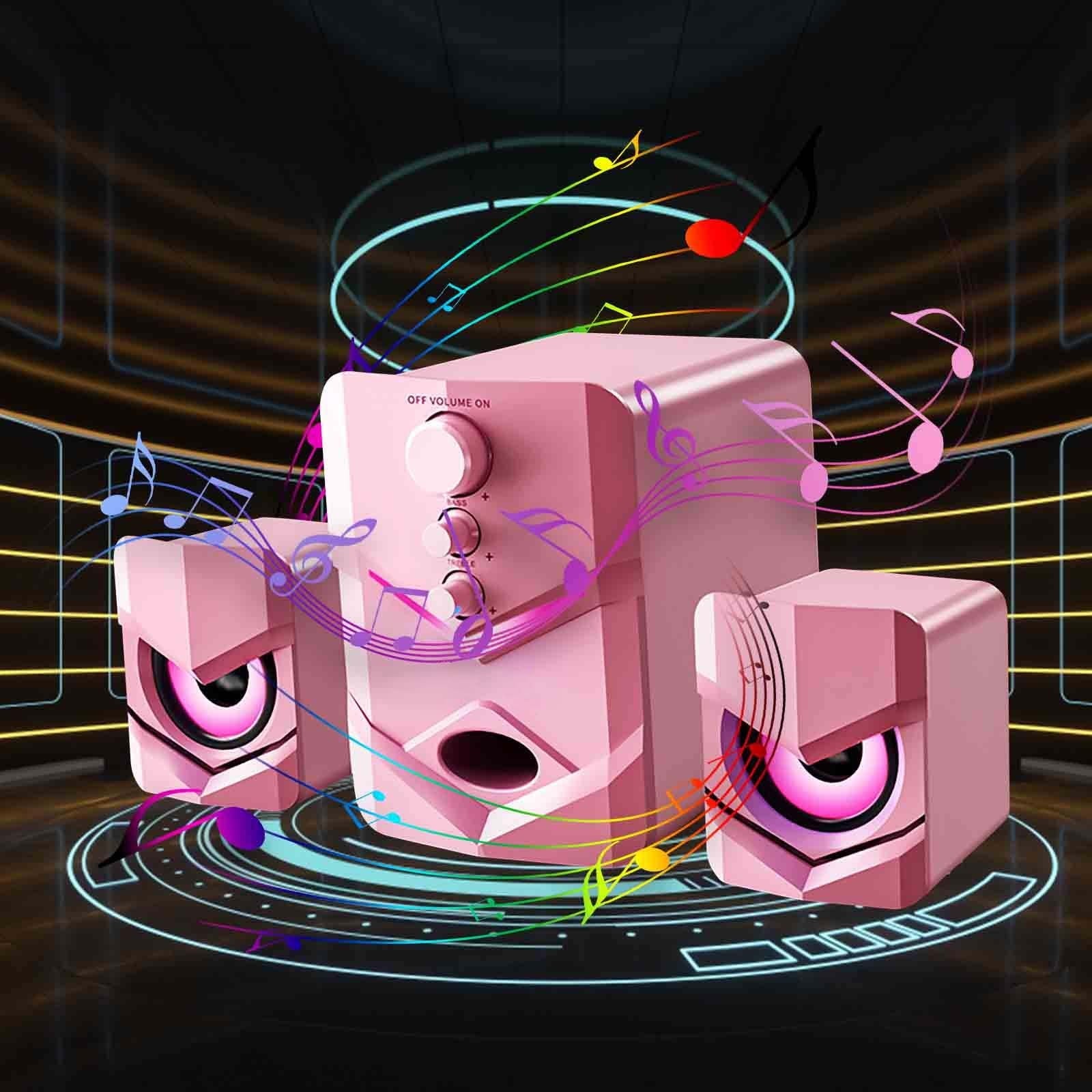 2.1 Channel Bluetooth Computer Speakers - 5W Heavy Bass Desktop Audio System with LED Illumination - USB Powered PC Speakers for Gaming and Music - 3.5mm AUX Connectivity