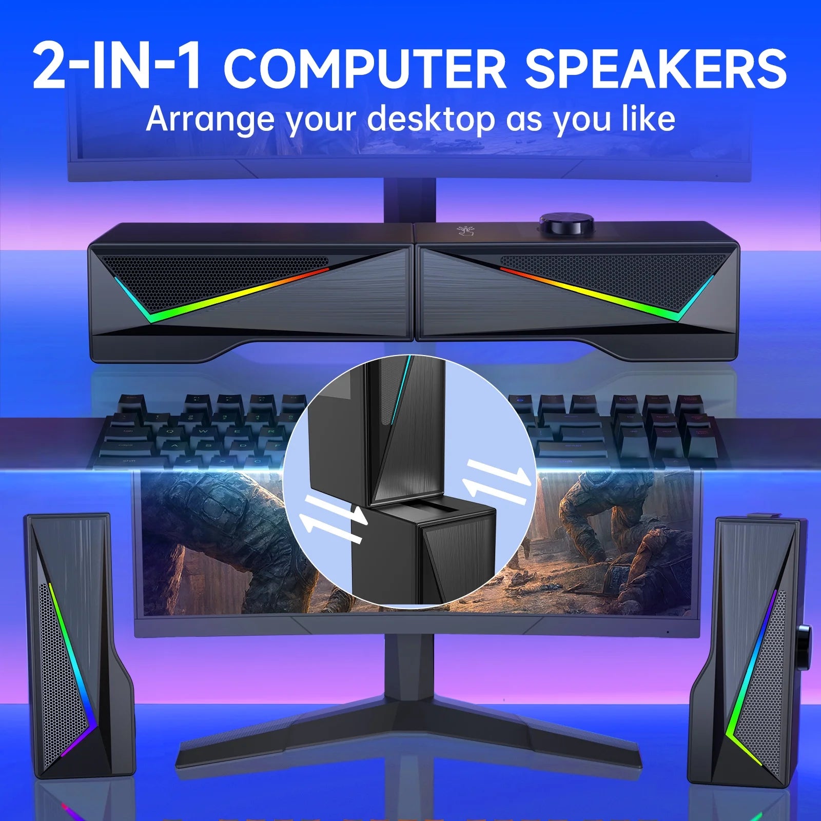 Computer Speakers with 2.0 Channel Stereo, Gaming Speakers with 6 Colorful LED Modes, USB C/USB Speakers for PC, Desktop, Laptop, Cellphone, Monitor, Black, New