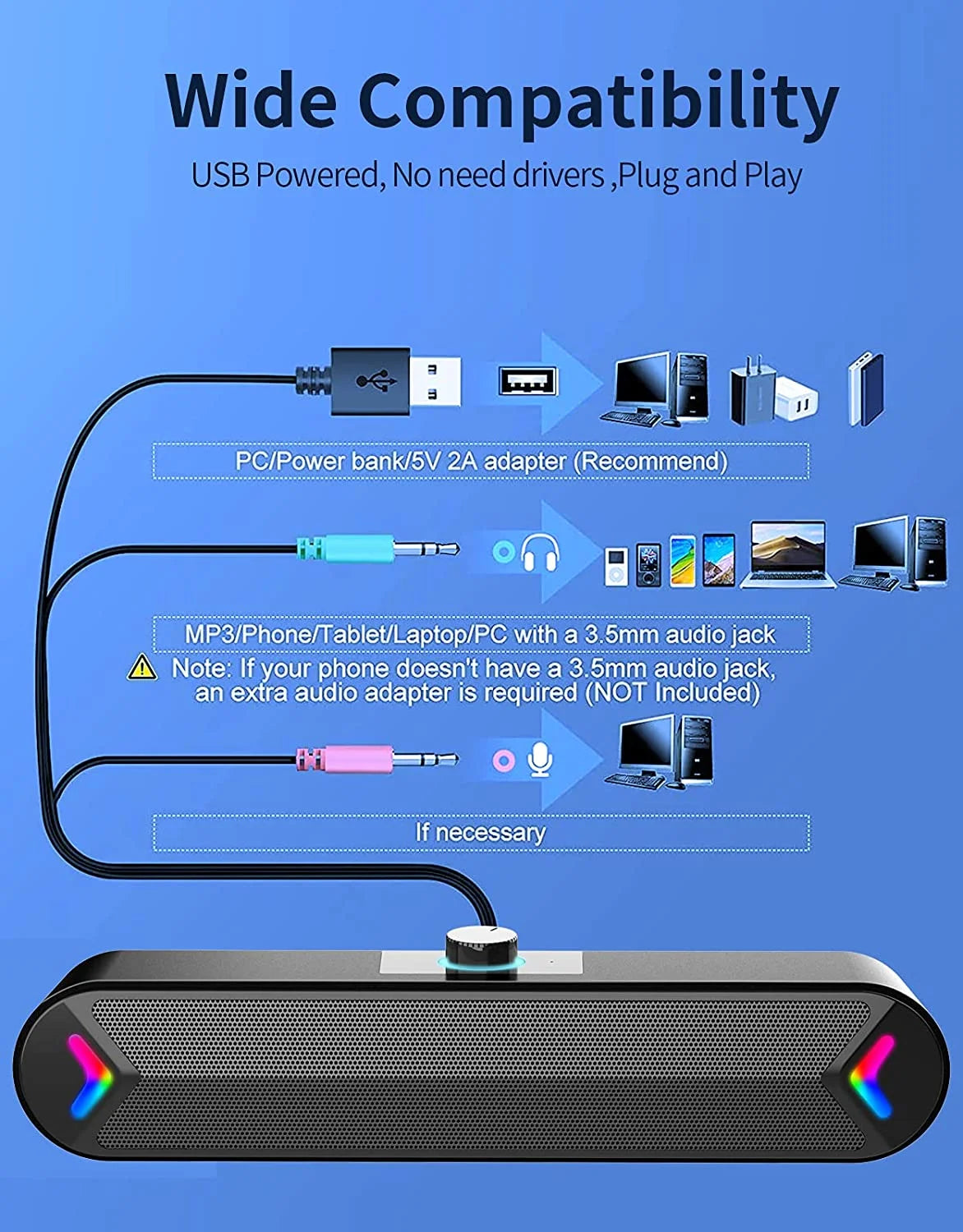 Wired USB-Powered Computer Speakers with 10W Stereo Sound for Desktop and Laptop Use (Black)