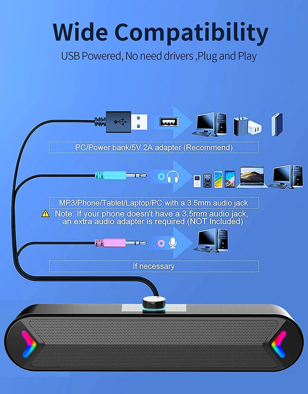 Computer Speakers,Wired Usb-Powered PC Speakers with 10W Stereo Sound,Gaming Sound-Bar Speakers for PC Desktop Computer Laptop Monitor (Black)