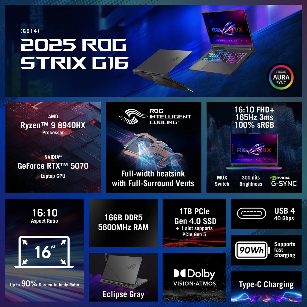 ROG Strix G16 (2025) Gaming Laptop, 16” 16:10 FHD+ 165Hz/3Ms, NVIDIA Geforce RTX 5070, AMD Ryzen 9 8940HX Processor, 16GB DDR5-5600, 1TB Pcie Gen 4 SSD, Wi-Fi 6E, Windows 11 Home, G614PP-WH94