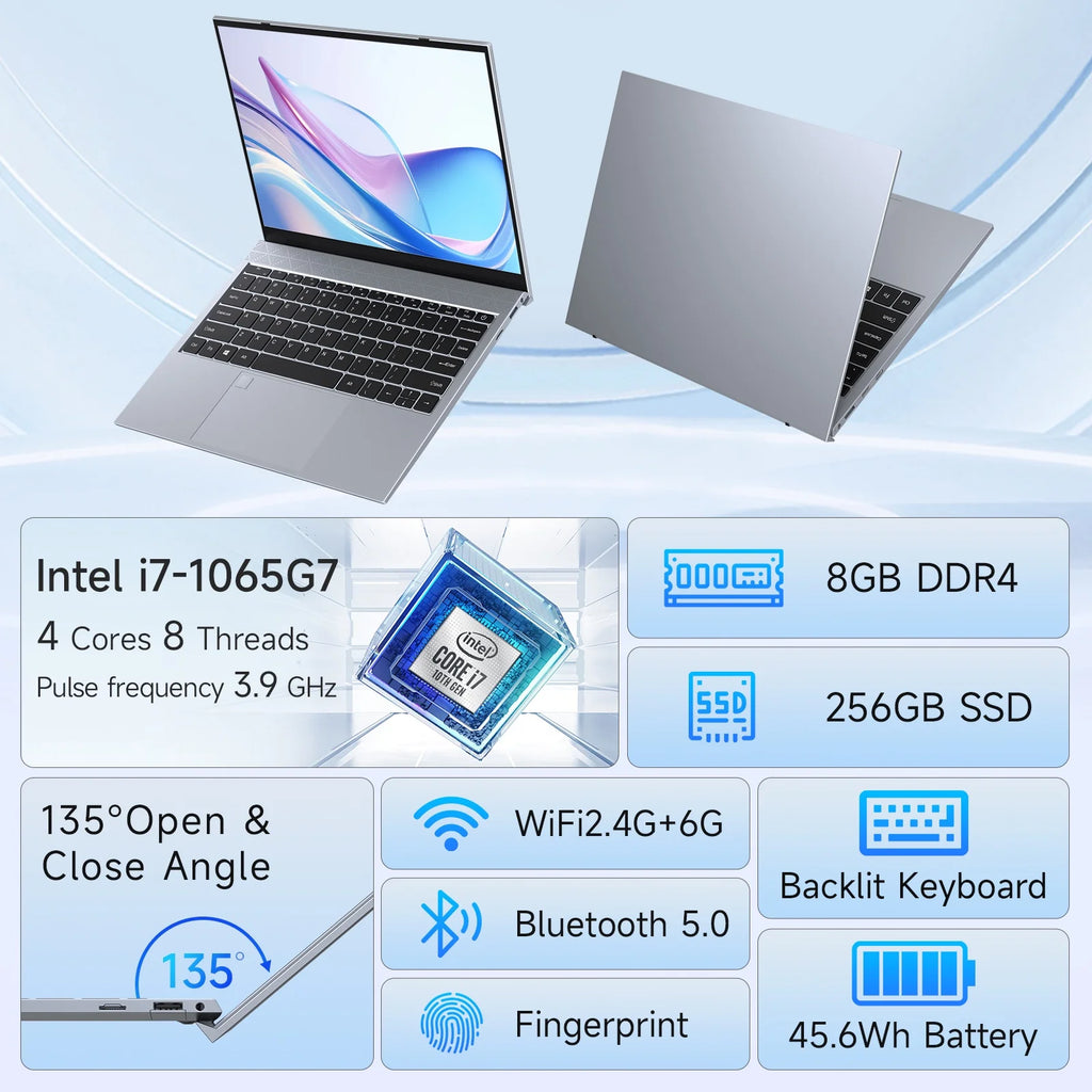 13.5" Windows 11 Pro Business Laptop, 8GB RAM 256GB SSD, Intel Core I7 1065G7, up to 3.9Ghz, 2.5K UHD 16:10 Display Fingerprint Backlit Keyboard Wifi5 BT 5.0 for Student, Business, Gaming