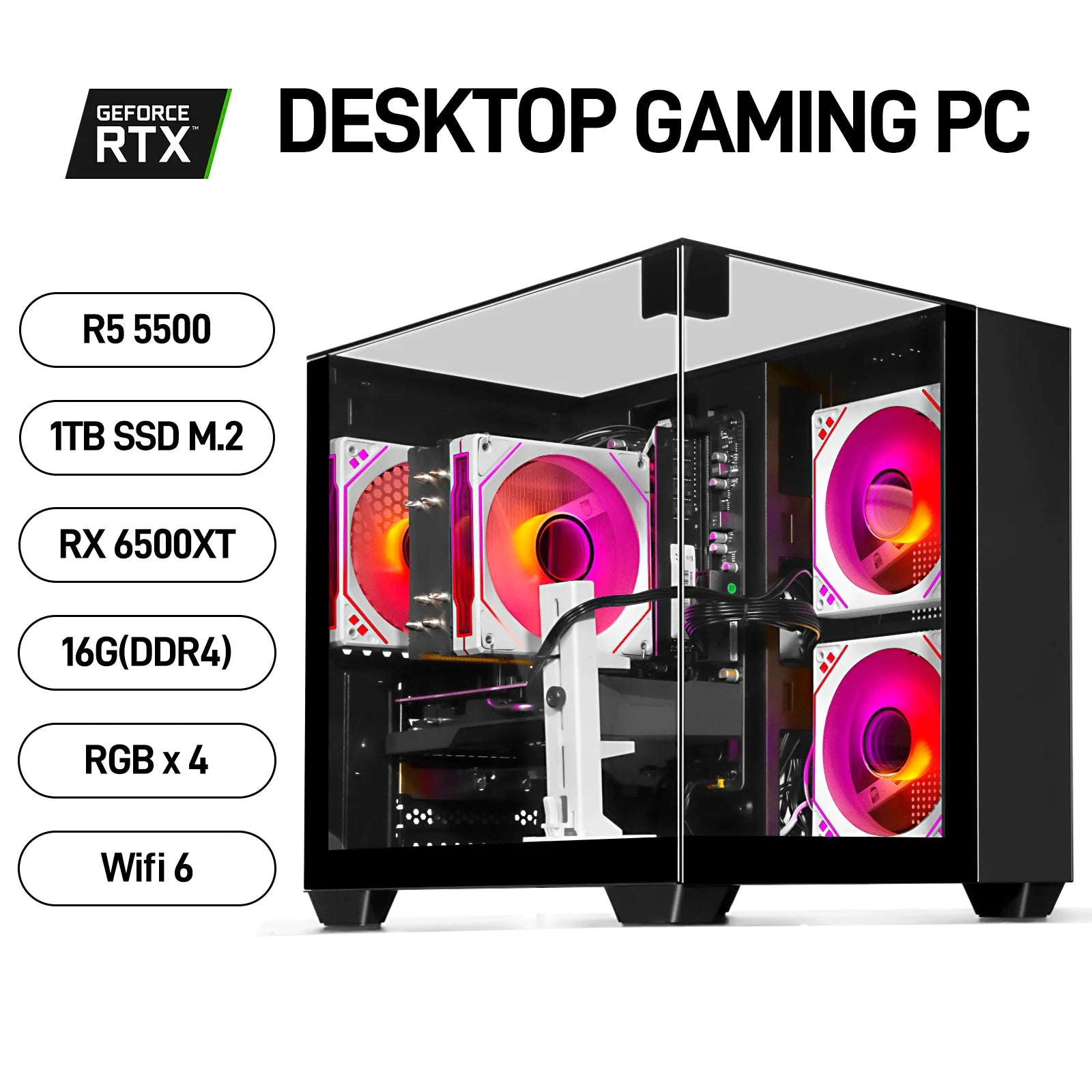 Gaming PC, Ryzen 5 5500, RX 6500 XT 4GB, 16GB DDR4, 1TB SSD, Wifi 6, 1080P Esports