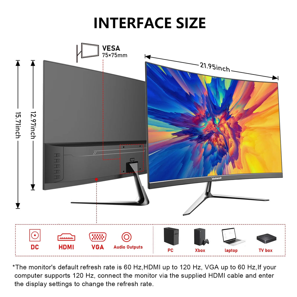 24-Inch Curved Gaming Monitor 120Hz Full HD 1080P Built-In Speakers Tilt Adjustable