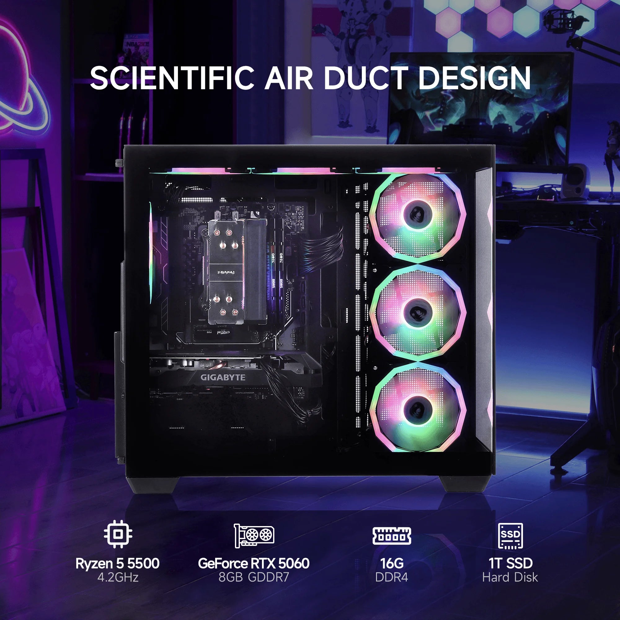 Gaming PC AMD Ryzen 5 5500 NVIDIA Geforce RTX 5060 16GB RAM 1TB SSD 650W Win11 WIFI Desktop Black