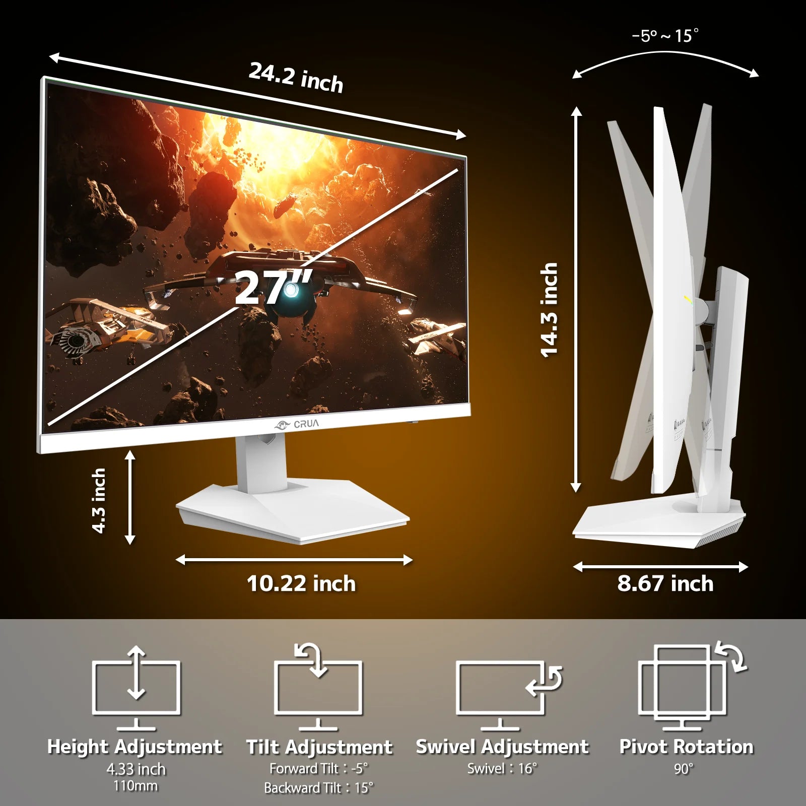 27” Gaming Monitor, UHD (3840X2160) Dual Mode (4K 160Hz or FHD 320Hz), 120% Srgb, Support Freesync, Built-In Speakers, RGB Lighting, HDMI & DP, Height Adjustable, Wall Mount Install-White