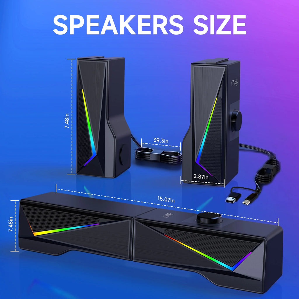 Computer Speakers with 2.0 Channel Stereo, Gaming Speakers with 6 Colorful LED Modes, USB C/USB Speakers for PC, Desktop, Laptop, Cellphone, Monitor, Black, New