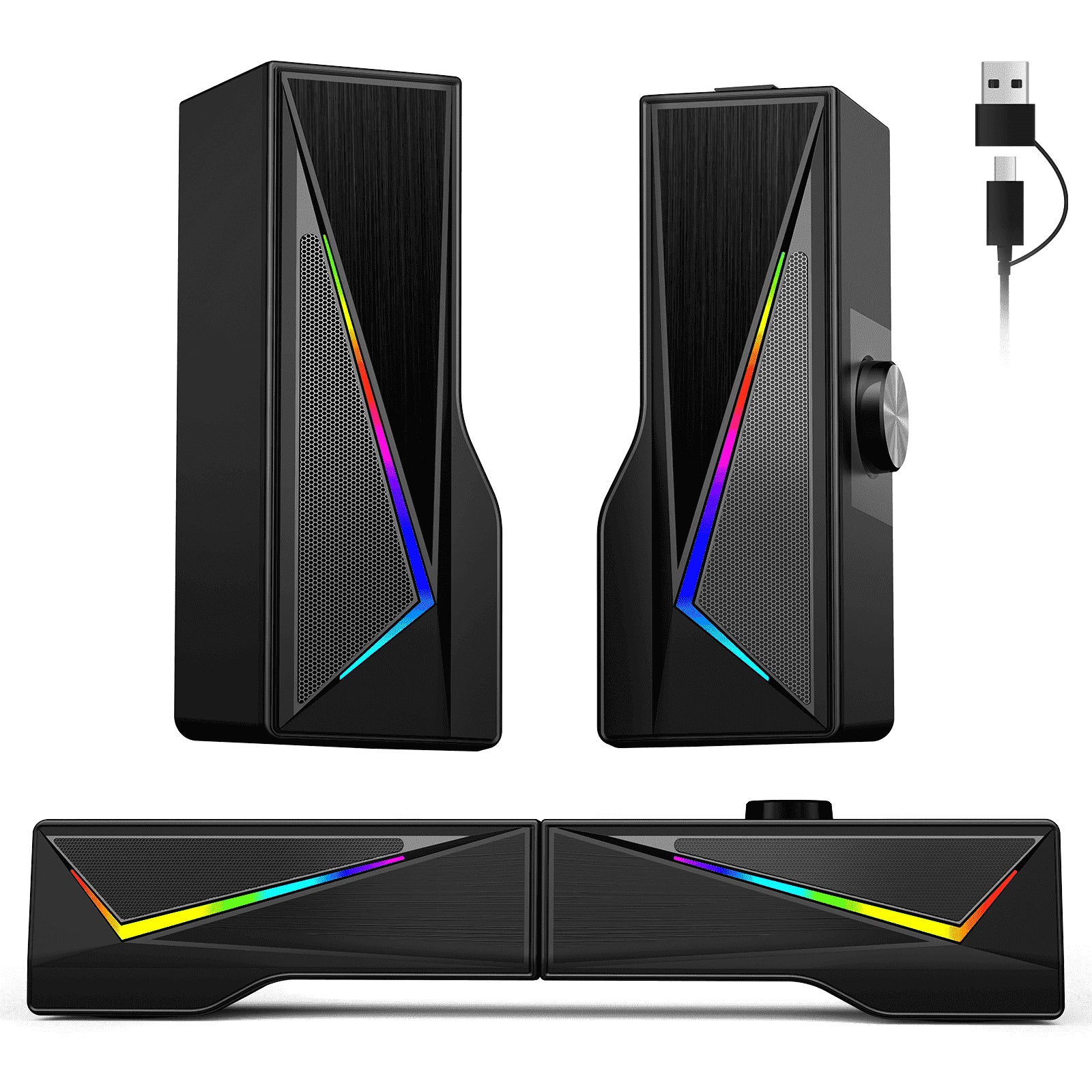 Computer Speakers with 2.0 Channel Stereo, Gaming Speakers with 6 Colorful LED Modes, USB C/USB Speakers for PC, Desktop, Laptop, Cellphone, Monitor, Black, New