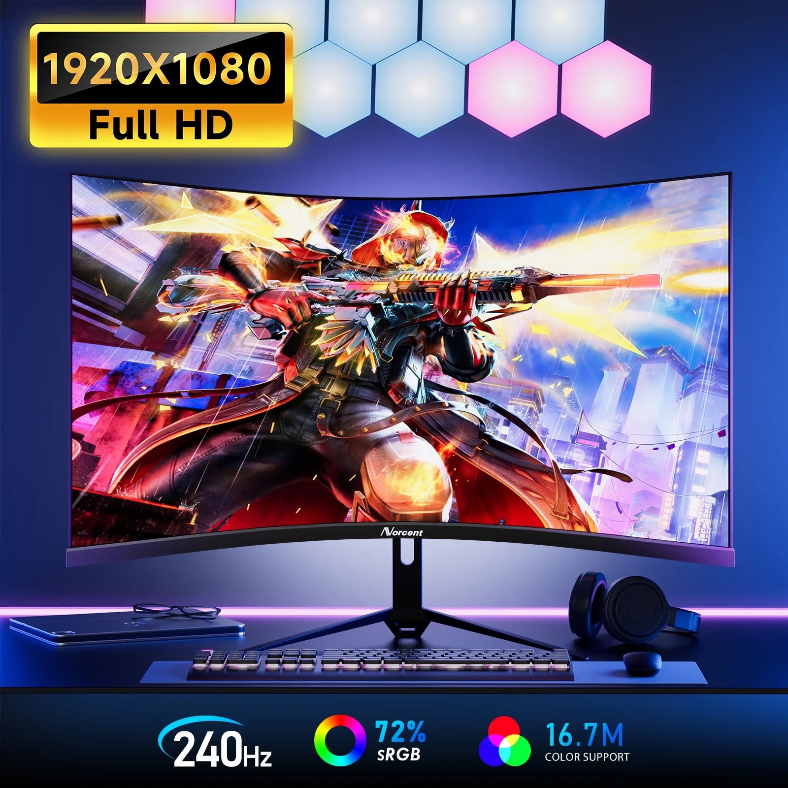 27-Inch FHD VA Gaming Curved Monitor with Rainbow Lights, 240Hz Refresh Rate, Eye Care 1080P Display, Freesync G-Sync Compatible, 1Ms Displayport, HDMI, DP and Speakers
