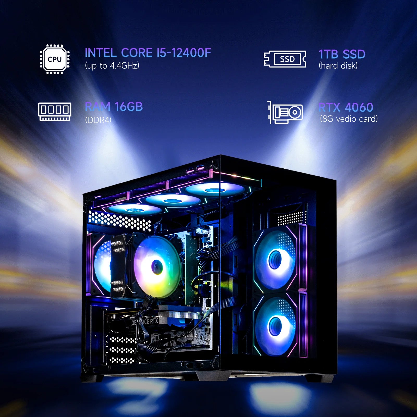 Gaming Desktop Pc,Intel I5 12400F,RTX 4060,1TB SSD Nvme, 16G RAM, Win11 Home