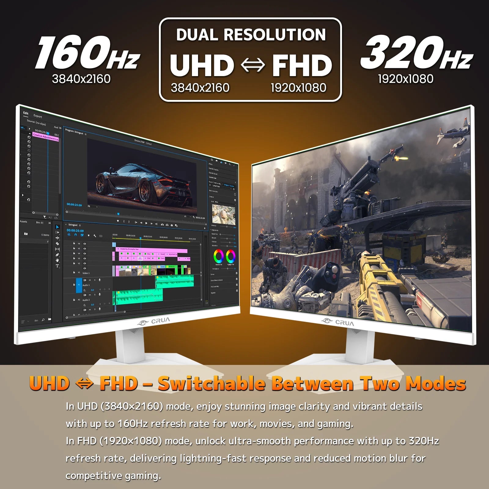 27” Gaming Monitor, UHD (3840X2160) Dual Mode (4K 160Hz or FHD 320Hz), 120% Srgb, Support Freesync, Built-In Speakers, RGB Lighting, HDMI & DP, Height Adjustable, Wall Mount Install-White