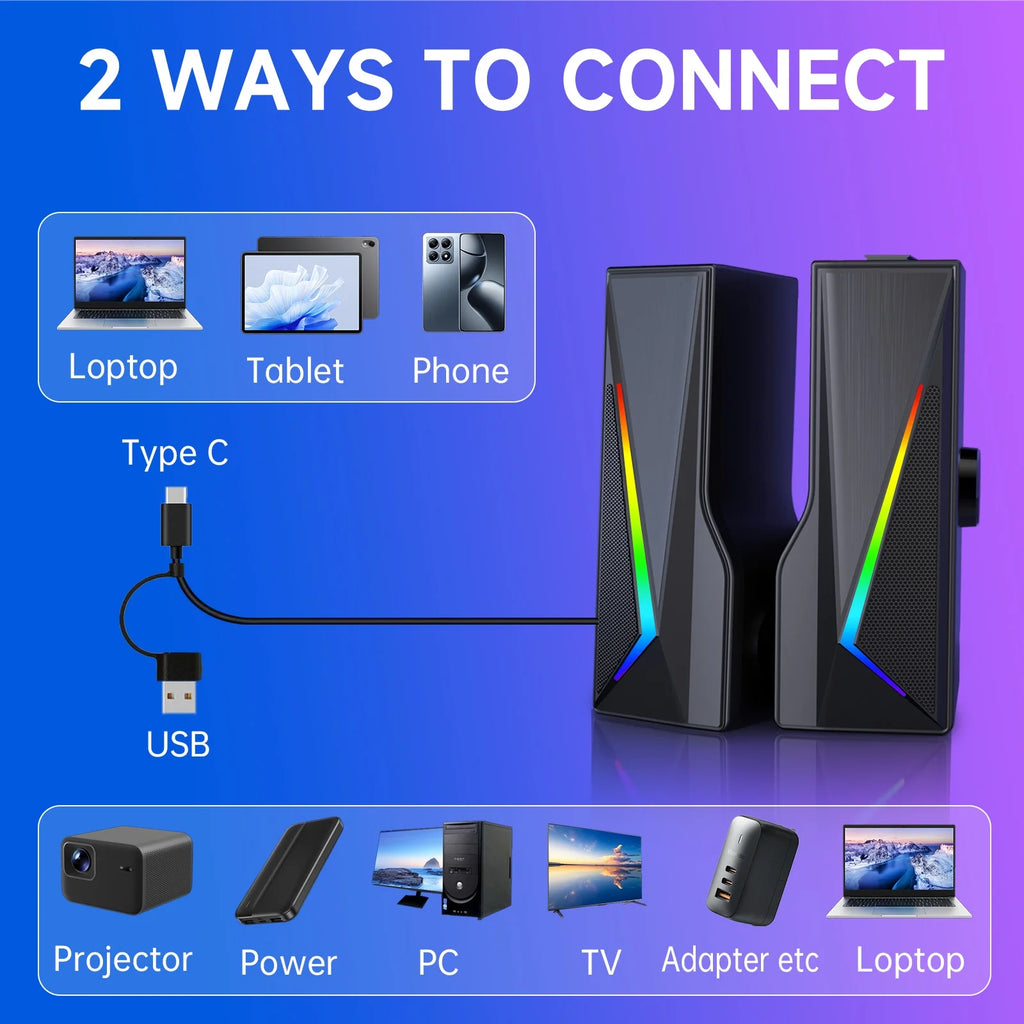 Computer Speakers with 2.0 Channel Stereo, Gaming Speakers with 6 Colorful LED Modes, USB C/USB Speakers for PC, Desktop, Laptop, Cellphone, Monitor, Black, New
