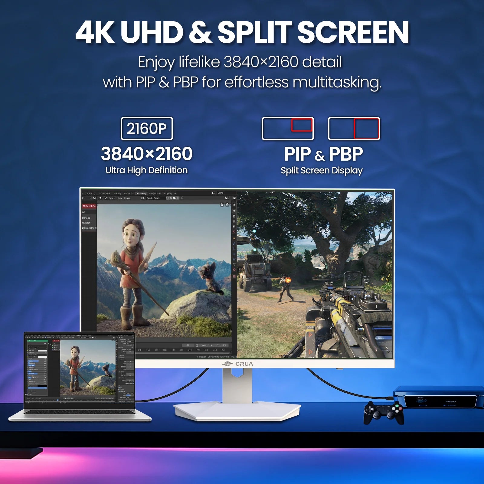 27” Gaming Monitor, UHD (3840X2160) Dual Mode (4K 160Hz or FHD 320Hz), 120% Srgb, Support Freesync, Built-In Speakers, RGB Lighting, HDMI & DP, Height Adjustable, Wall Mount Install-White