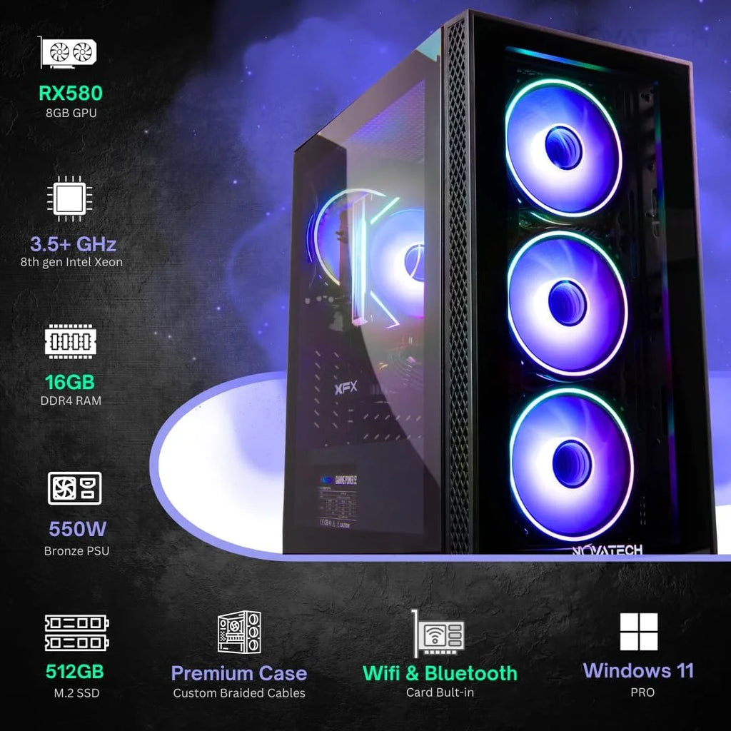 Phantom Prebuilt Gaming PC Desktop Computer - RX580 8GB - Intel I7 Xeon 3.5Ghz - 16GB RAM - 512GB M.2 SSD Wifi/Bt, Win 11 - Gaming Computer Tower - Pre Built PC Gaming - 1 Year Warranty