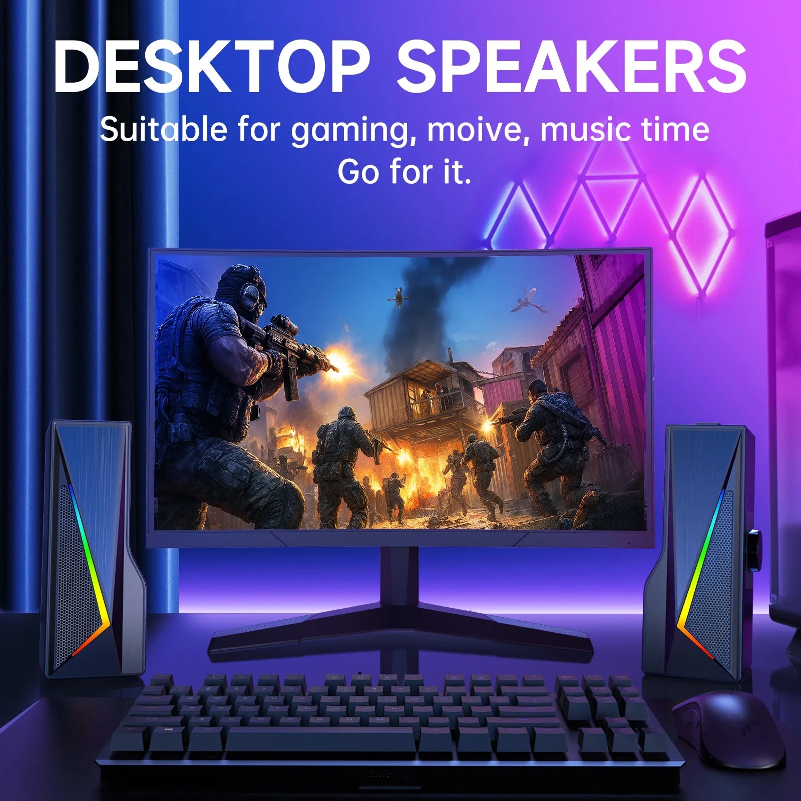 Computer Speakers with 2.0 Channel Stereo, Gaming Speakers with 6 Colorful LED Modes, USB C/USB Speakers for PC, Desktop, Laptop, Cellphone, Monitor, Black, New