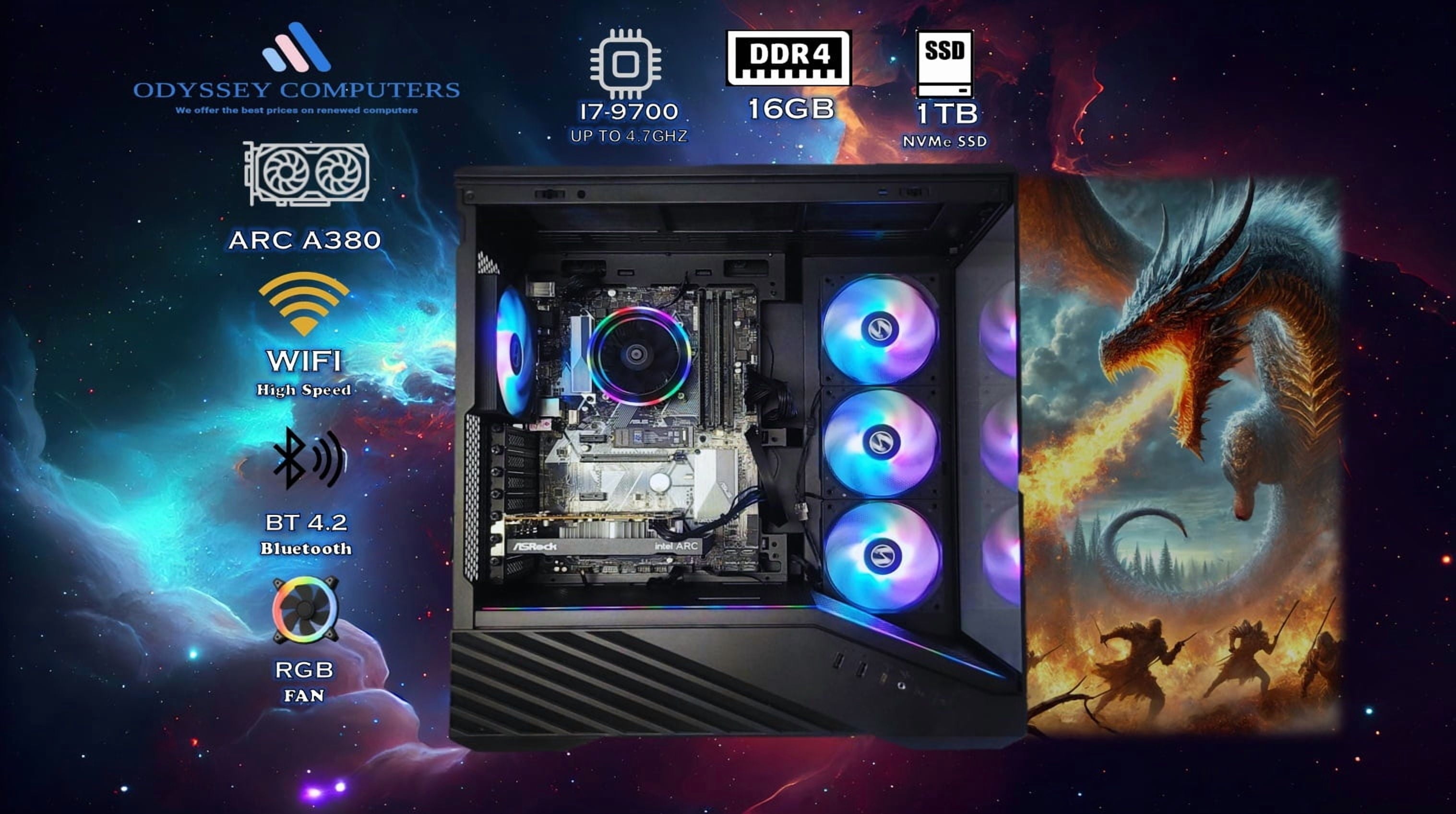 Odyssey Black Widow V2  Gaming PC, RGB LED Fans, Intel Core I7 Upto 4.7Ghz, 16GB RAM, 1TB Nvme SSD, ACR A380, Wi-Fi BT, Windows 11 Pro Keyboard & Mouse