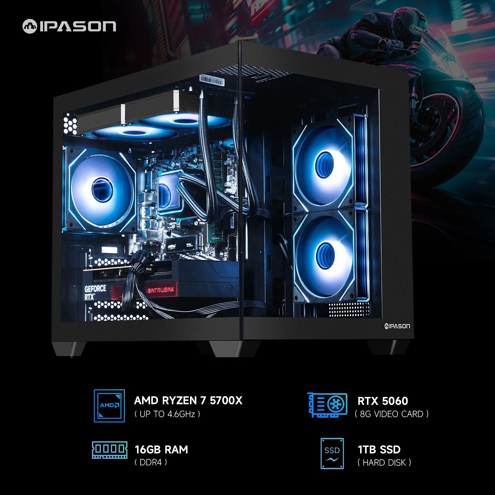Speedra Gaming Desktop PC, AMD Ryzen 7 5700X, Nvidia RTX 5060, 16GB RAM, 1TB SSD, Wifi, Windows 11 Home,Prebuilt Pc Computer,New