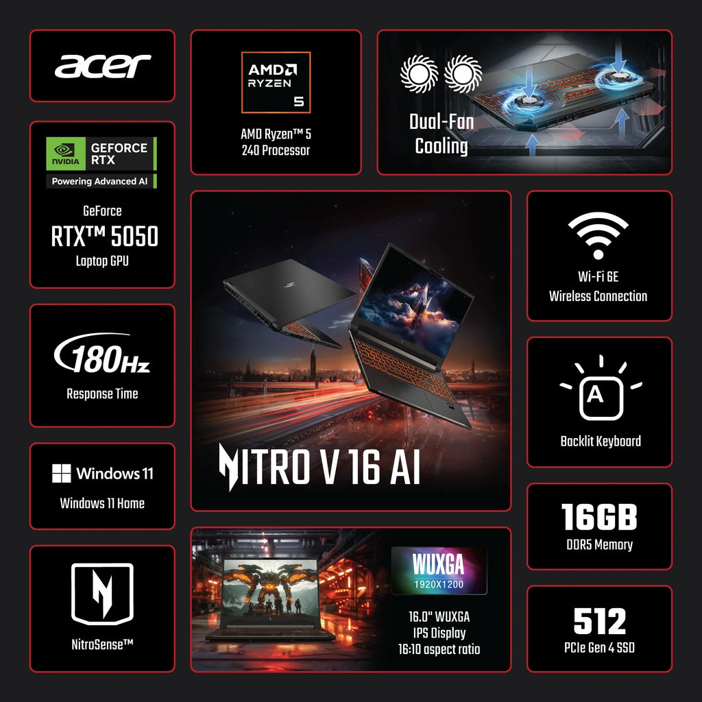 Nitro V 16 AI 16” WUXGA IPS 180Hz Gaming Laptop, AMD Ryzen AI 5 240 Processor, NVIDIA Geforce RTX 5050 with 8GB GDDR7 VRAM, 16GB RAM, 512GB Pcie Gen 4 SSD, Obsidian Black