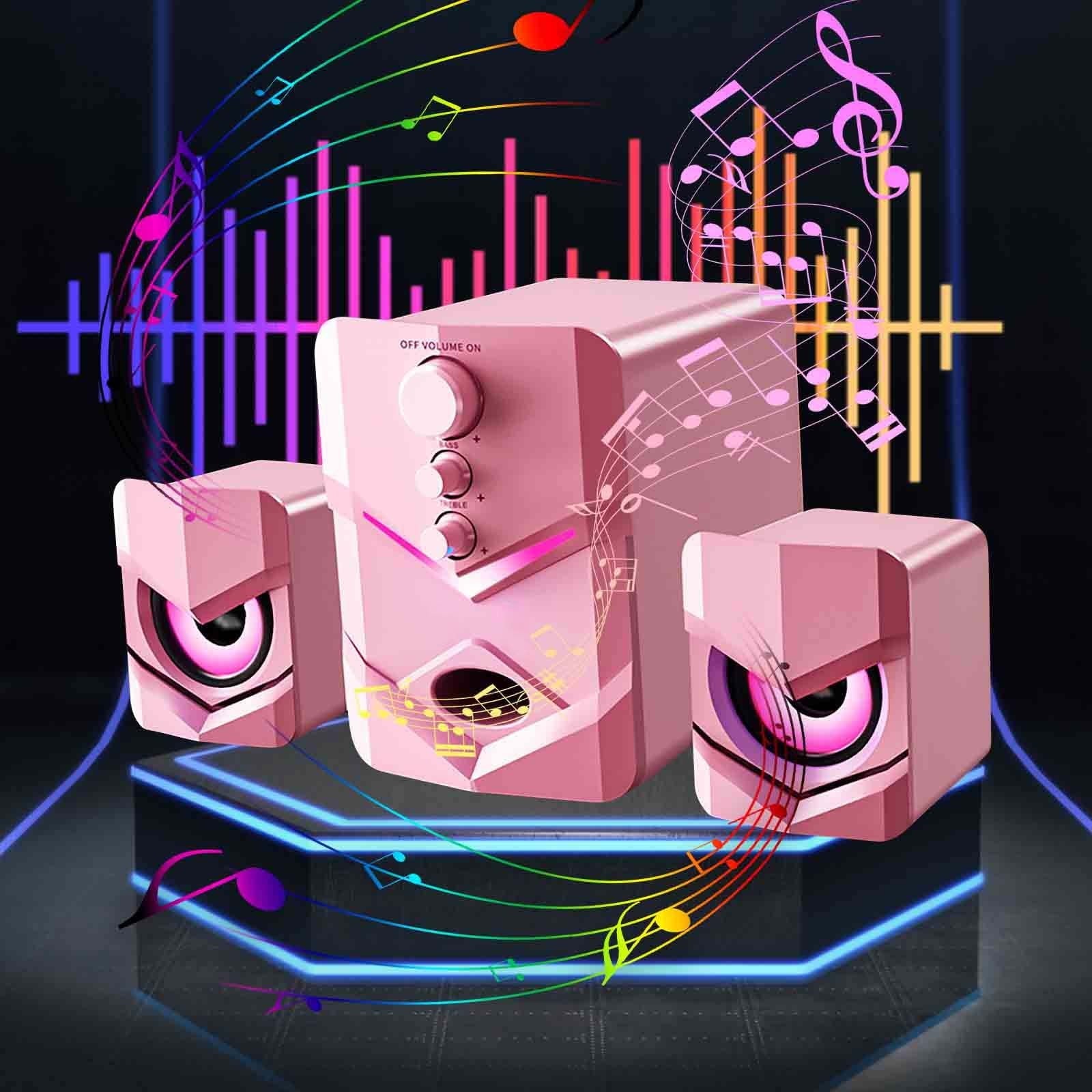 2.1 Channel Bluetooth Computer Speakers - 5W Heavy Bass Desktop Audio System with LED Illumination - USB Powered PC Speakers for Gaming and Music - 3.5mm AUX Connectivity