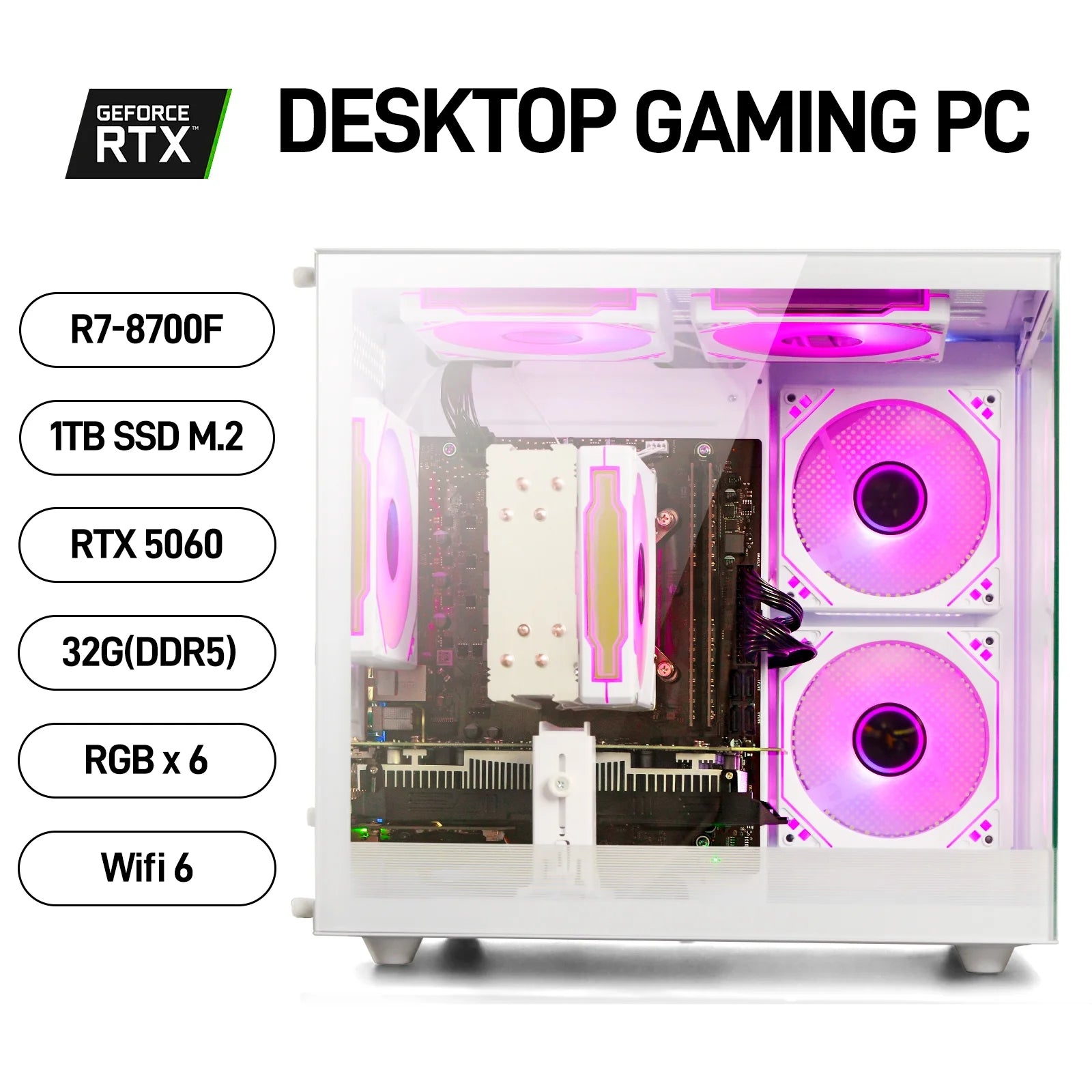 Desktop PC Computer Gaming AMD Ryzen 7 8700F, RTX 5060 8GB 1TB , 32GB DDR5, White Mid Tower