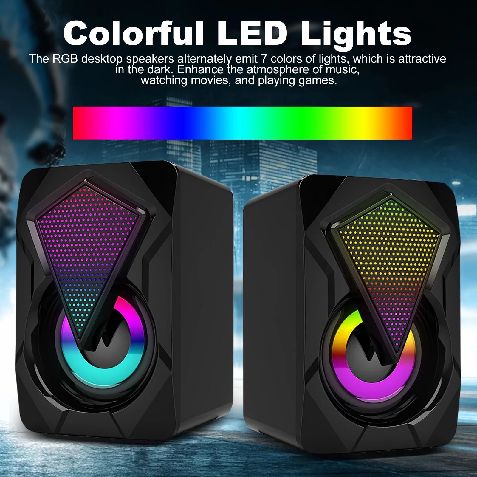 Computer Speakers for Desktop or Laptop,  2.0 Stereo RGB PC Gaming Speakers with Stereo Surround Bass, 7 Colors LED Lights, Usb-Powered 3.5Mm Wired Speakers for PC Smartphone Tablet Projector TV