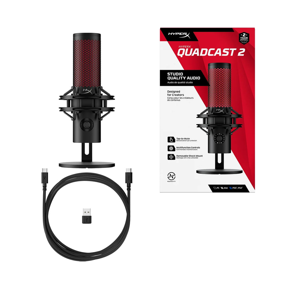 Quadcast 2 - USB Microphone for Gaming, Streaming and Podcasting, with On-Board Controls, LED Lighting, Quick Release Shock Mount and Built-In Arm/Stand Mount, PC, Mac, PS5, PS4, USB-C - Black