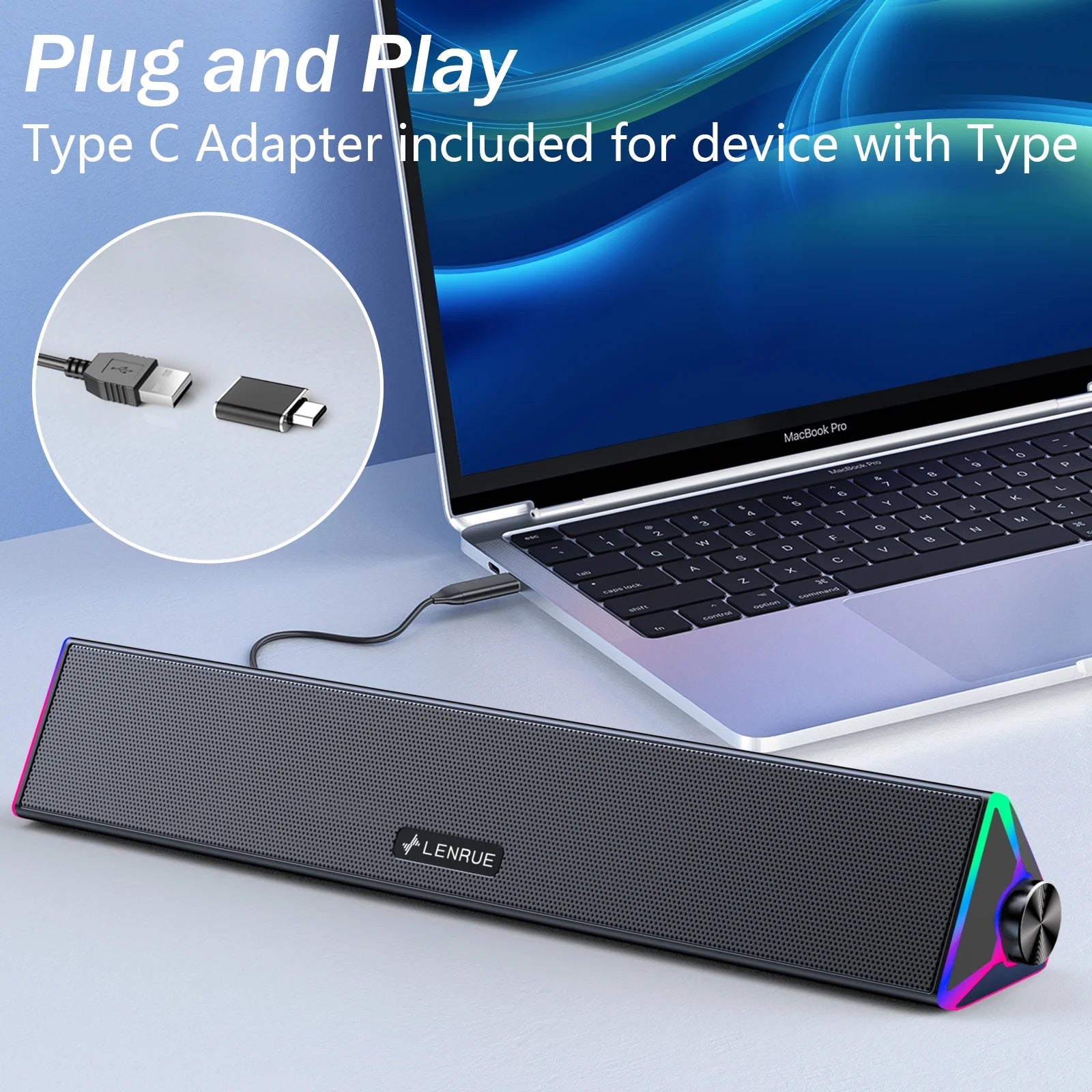 PC Speakers,Computer Speakers with Single USB for Power and Stereo Sound,Pc Soundbar with Touch Lighting,Usb Gaming Speaker for Desktop,Laptop,Monitor (USB-C Adapter Included)