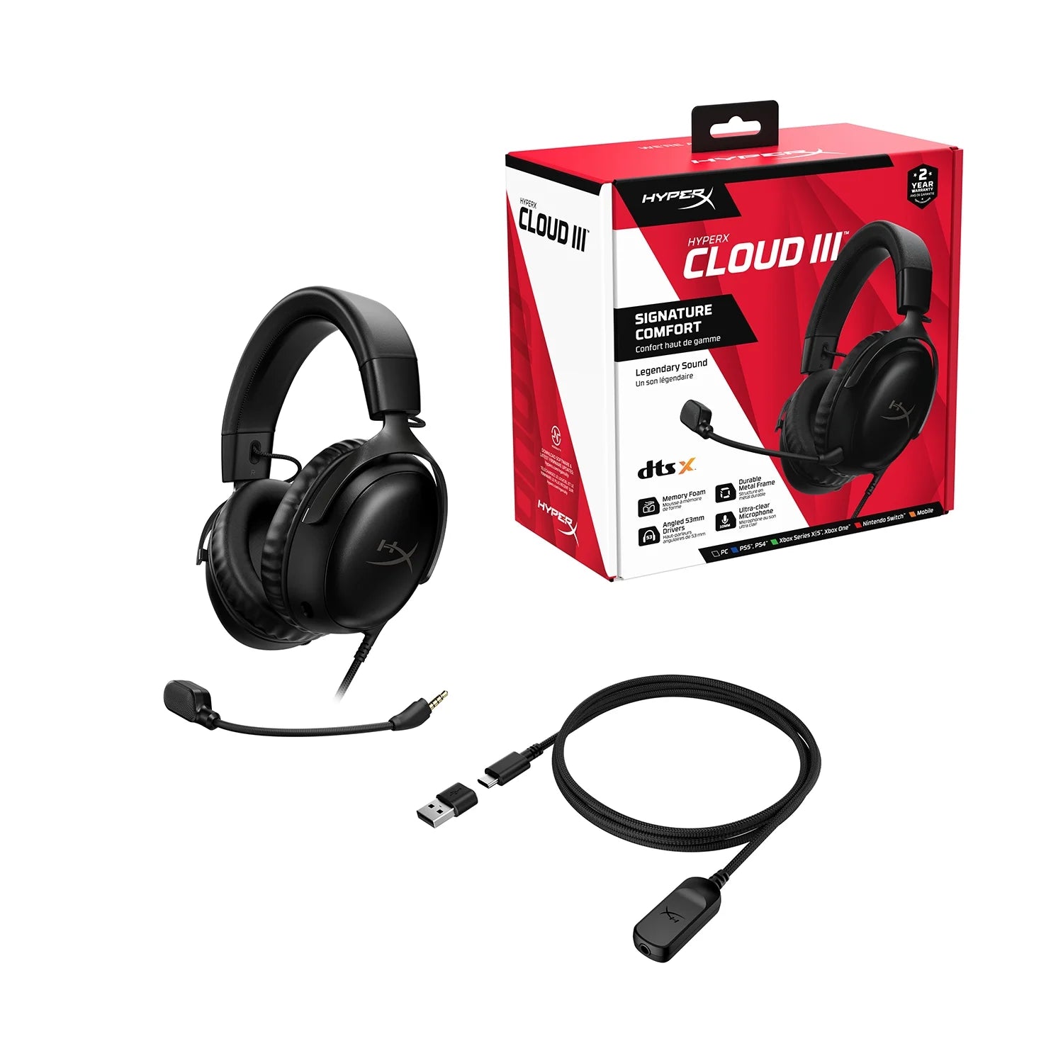 Cloud III – Wired Gaming Headset, PC, PS5, Xbox Series X|S, Angled 53Mm Drivers, DTS, Memory Foam, Durable Frame, Ultra-Clear 10Mm Mic, USB-C, USB-A, 3.5Mm – Black