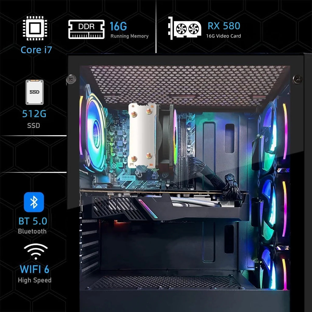 Gaming PC Desktop, RX 580 16G, Intel Core I7 up to 3.9G, 16G Ram, 512G SSD, Wifi 6, BT 5.0, RGB Fan X4, Win 11 Home