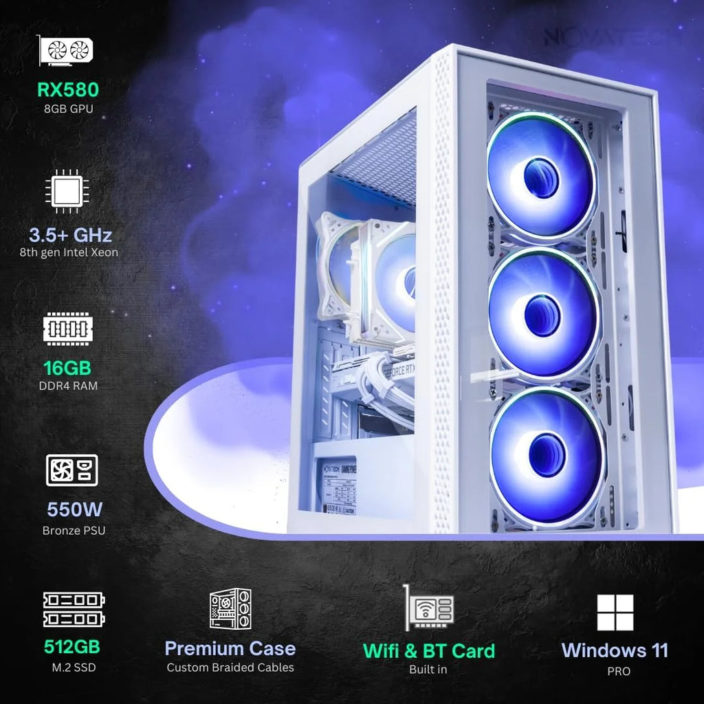 Phantom 2.0 Prebuilt Gaming PC Desktop Computer - RX580 8GB - Intel I7 Xeon 3.5Ghz - 16GB RAM - 512GB M.2 SSD Wifi/Bt, Win 11 - Gaming Computer Tower - Pre Built PC Gaming - 1 Year Warranty
