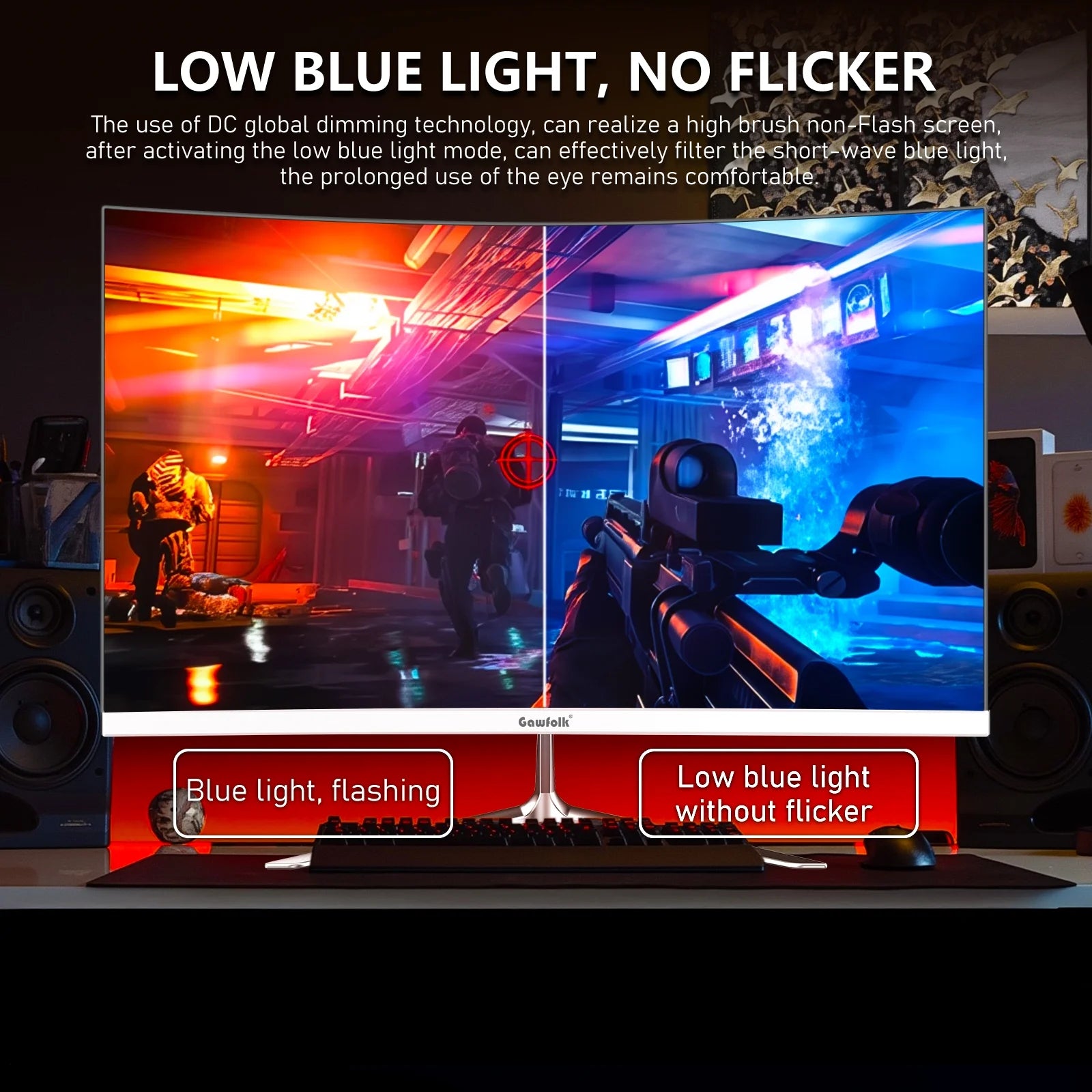 Gawfolk 24.5" Gaming Monitor Curved 1080P 120Hz with Built-In Speakers,Upports 75×75Mm Wall Mount, Black