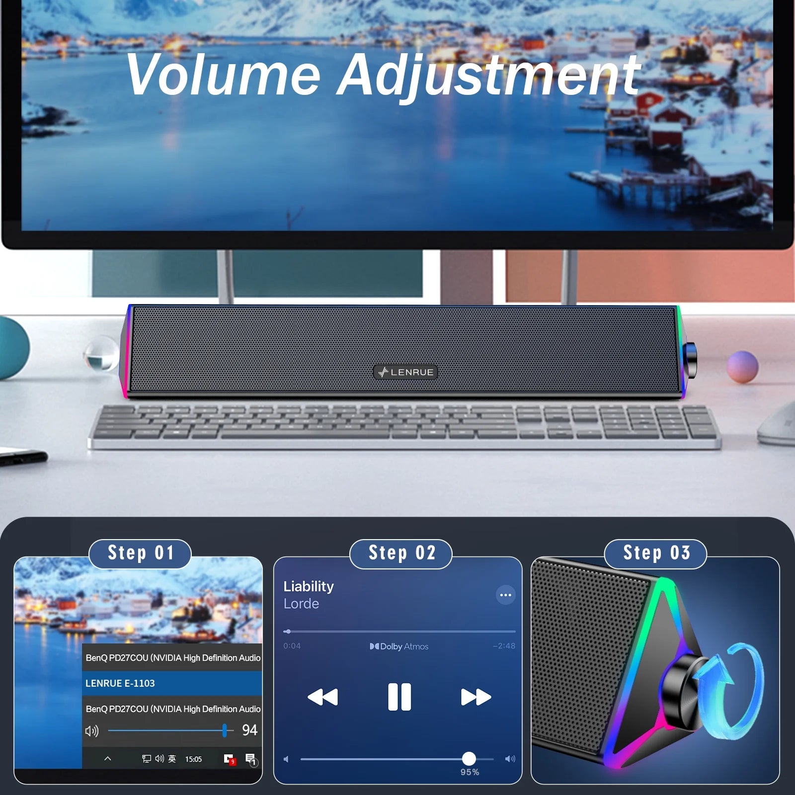 PC Speakers,Computer Speakers with Single USB for Power and Stereo Sound,Pc Soundbar with Touch Lighting,Usb Gaming Speaker for Desktop,Laptop,Monitor (USB-C Adapter Included)