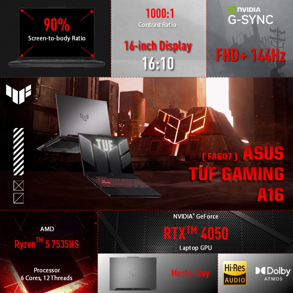 TUF Gaming A16 (2025) PC Gaming Laptop, 16” 16:10 FHD+ 144Hz Display, AMD Ryzen™ 5 7535HS, NVIDIA Geforce RTX 4050, 16GB DDR5, 512GB Pcie SSD, Wi-Fi 6, Windows 11 Home FA607NU-WS53