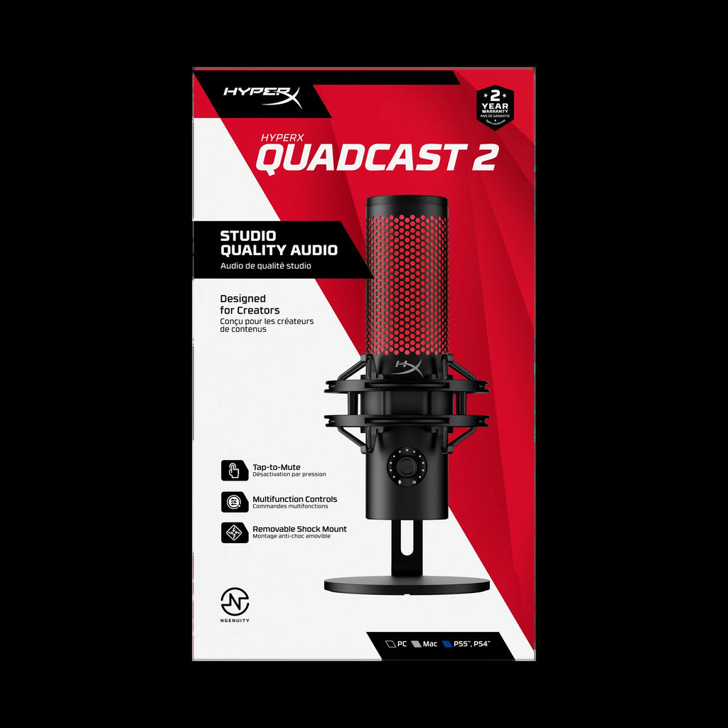 Quadcast 2 - USB Microphone for Gaming, Streaming and Podcasting, with On-Board Controls, LED Lighting, Quick Release Shock Mount and Built-In Arm/Stand Mount, PC, Mac, PS5, PS4, USB-C - Black