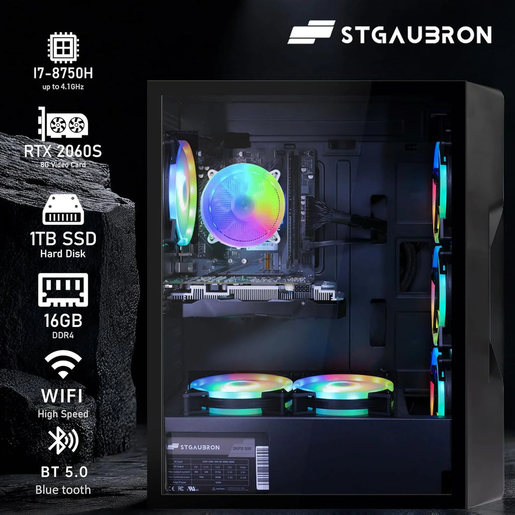 Gaming PC Computer Desktop, RTX 2060S 8G, Intel Core I7 8Th up to 4.1G, 16G DDR4, 1T SSD, 600M Wifi, BT 5.0, RGB Fan X6, Windows 11 Home