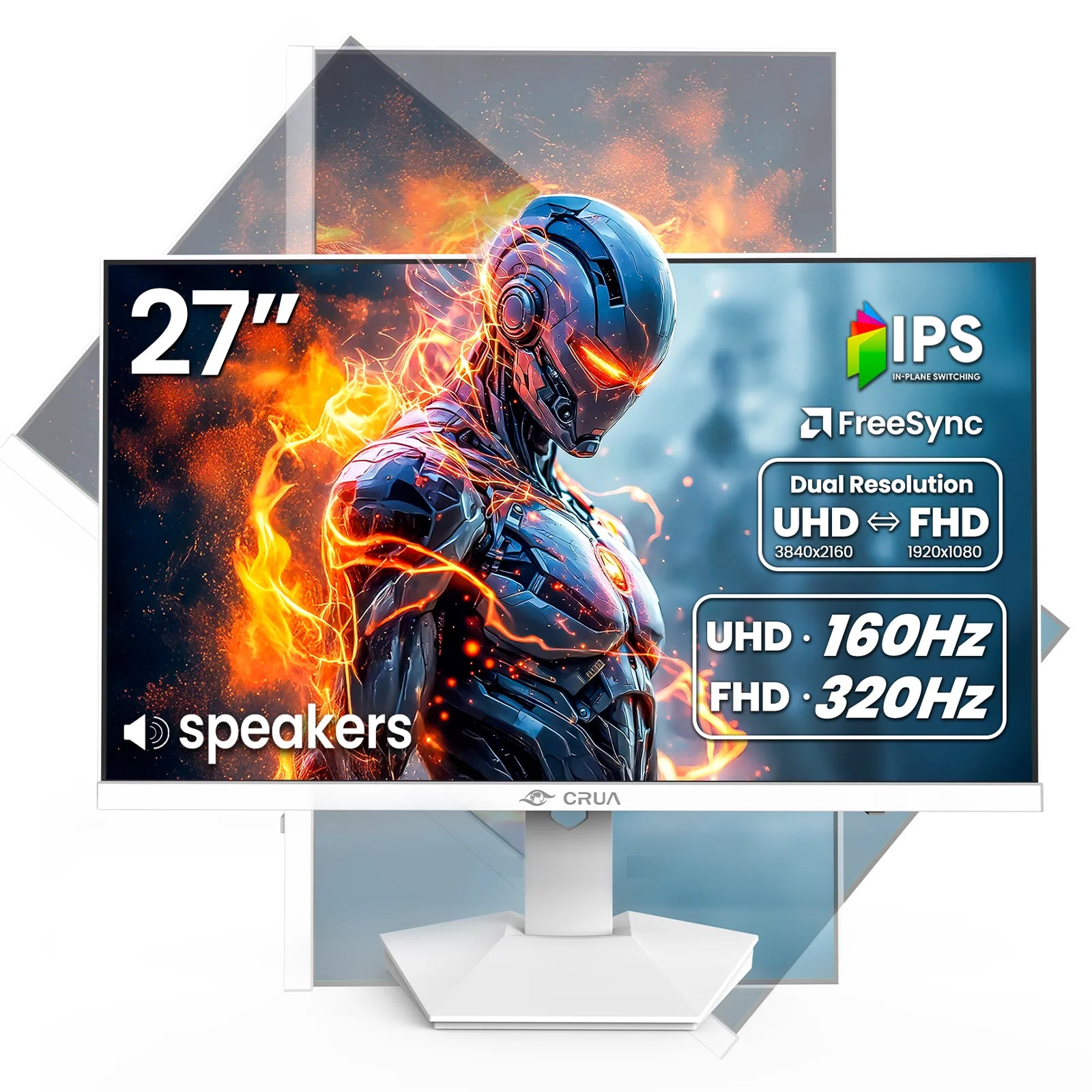 27” Gaming Monitor, UHD (3840X2160) Dual Mode (4K 160Hz or FHD 320Hz), 120% Srgb, Support Freesync, Built-In Speakers, RGB Lighting, HDMI & DP, Height Adjustable, Wall Mount Install-White