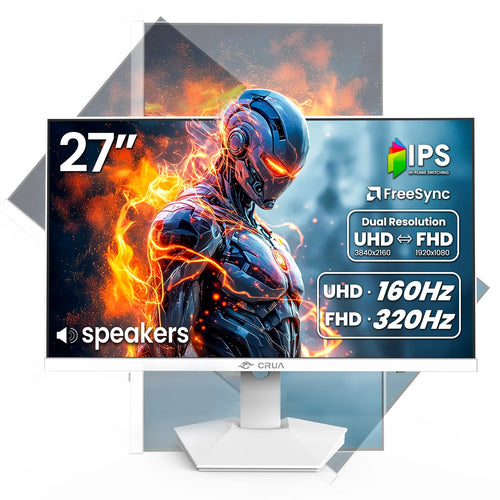 27” Gaming Monitor, UHD (3840X2160) Dual Mode (4K 160Hz or FHD 320Hz), 120% Srgb, Support Freesync, Built-In Speakers, RGB Lighting, HDMI & DP, Height Adjustable, Wall Mount Install-White